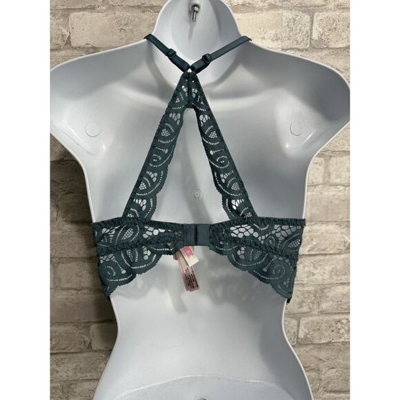 Victoria Secret Teal Bralette Bra Push Up High Neck Halter Lace Crop Size Small - Picture 6 of 12